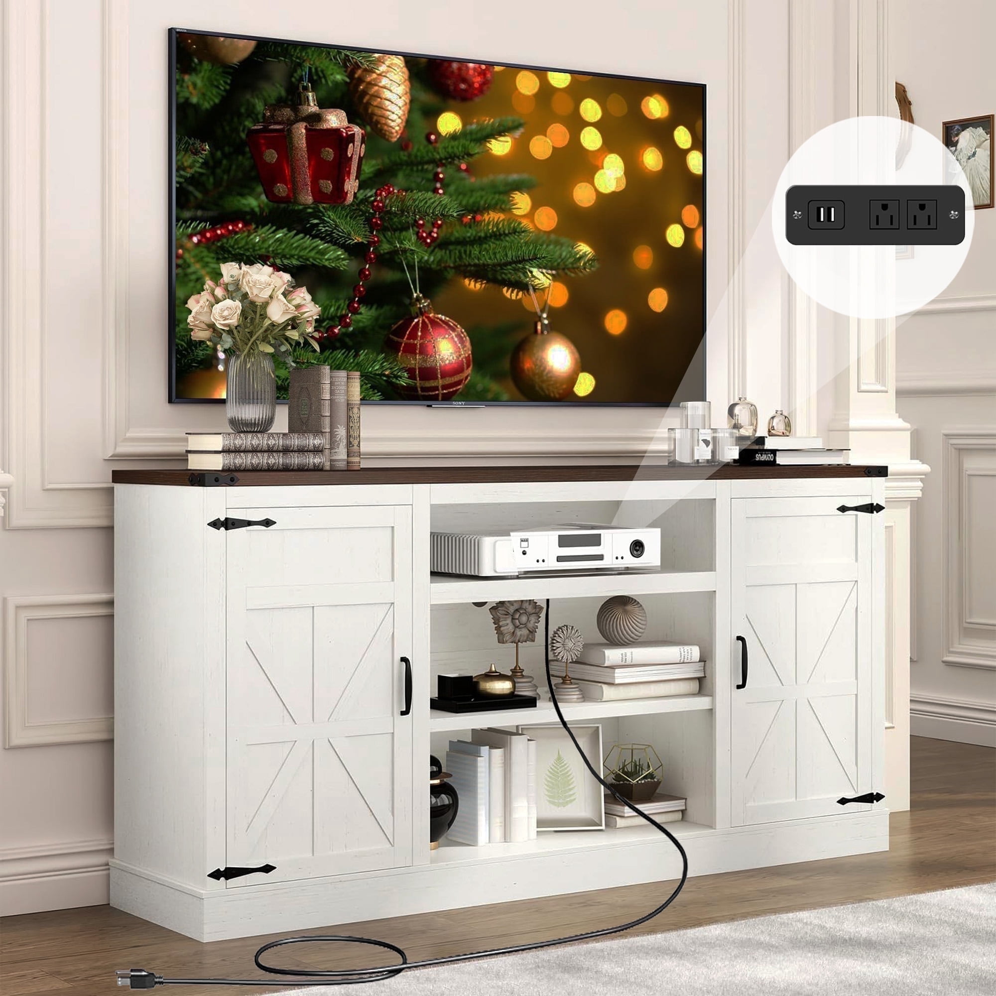 ChVans Farmhouse TV Stand for 65" 70" up 75" TVs with Power Outlet, 33" Tall TV Stand Entertainment Center with Storage, White TV Consoles For Living room Bedroom