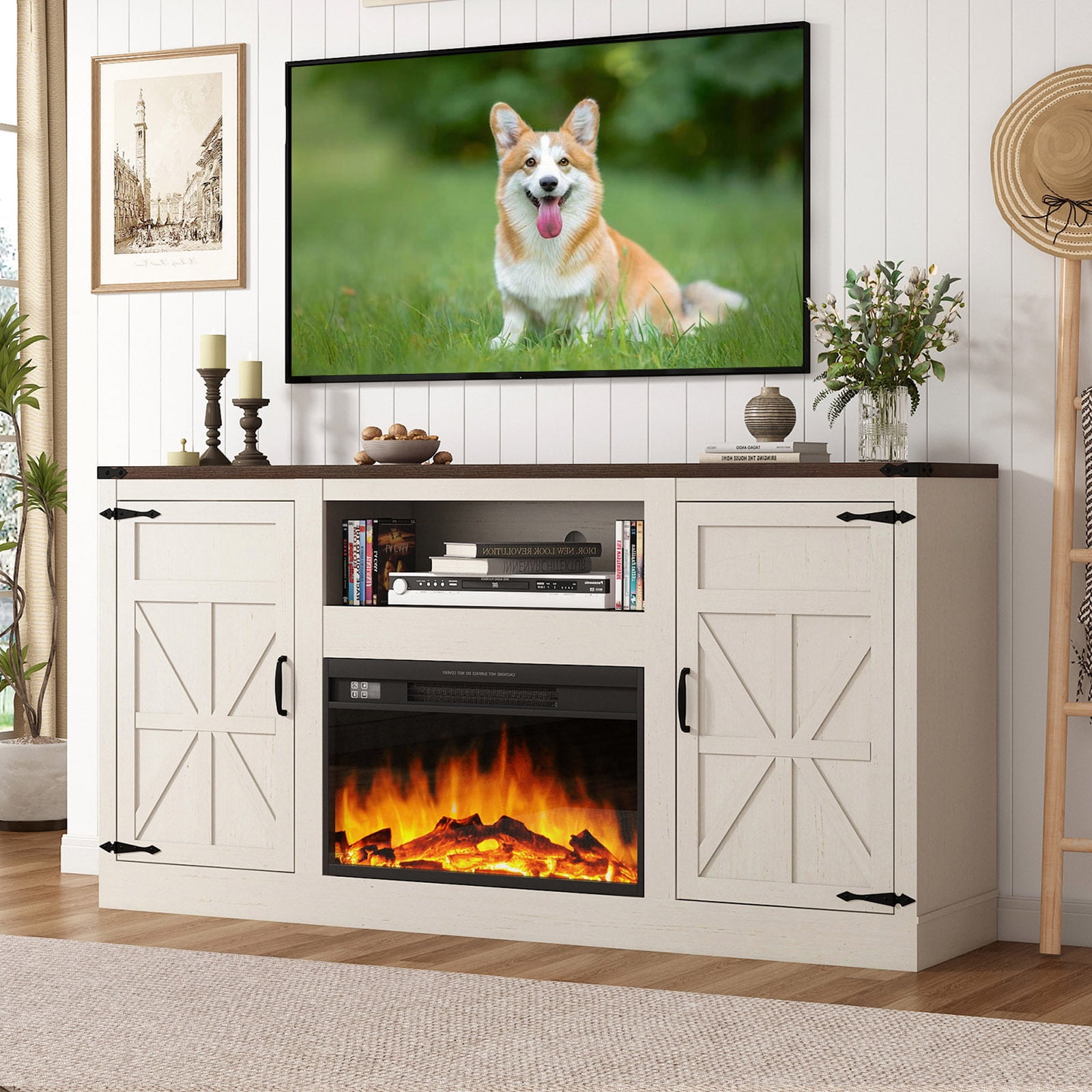 ChVans Farmhouse TV Stand with 26" Fireplace for 65"-75" TVs, 33" Tall Fireplace TV Entertainment Center Stand with Storage for Living Room