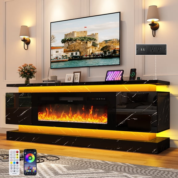 ChVans Fireplace TV Stand for 85" TV, 71" LED TV Stand with 40" Electric Fireplace & Power Outlet, Marble High Gloss Surface, 2 Storage Cabinet, Modern Style, Marble