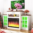 thumbnail image 1 of ChVans Fireplace TV Stand w/ LED Lights & 26'' Electric Fireplace For 65" TVs Wall-Mounted, 60" Farmhouse TV Stand w/ Fireplace Mantel, Glass Storage Shelves, 1 of 10