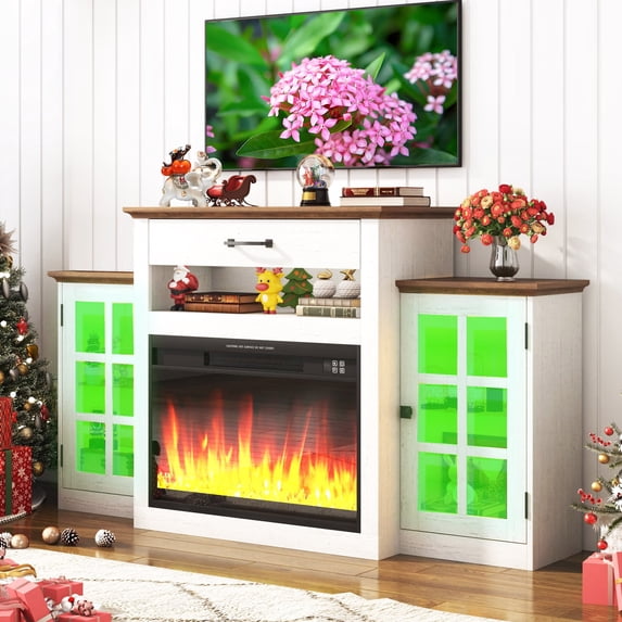 ChVans Fireplace TV Stand w/ LED Lights & 26'' Electric Fireplace For 65" TVs Wall-Mounted, 60" Farmhouse TV Stand w/ Fireplace Mantel, Glass Storage Shelves
