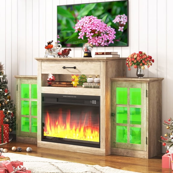 ChVans Fireplace TV Stand w/ LED Lights & 26'' Electric Fireplace For 65" TVs Wall-Mounted, 60" Farmhouse TV Stand w/ Fireplace Mantel, Glass Storage Shelves