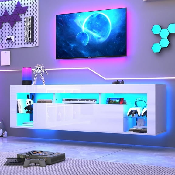 ChVans Floating TV Stand for TV's up to 75", Wall Mounted Floating Entertainment Center with LED Lights, Modern Wood TV Cabinet for Living Room, Bedroom,White