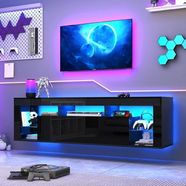 ChVans Floating TV Stand for TV's up to 75", Wall Mounted Floating Entertainment Center with LED Lights, Modern Wood TV Cabinet for Living Room, Bedroom,Black