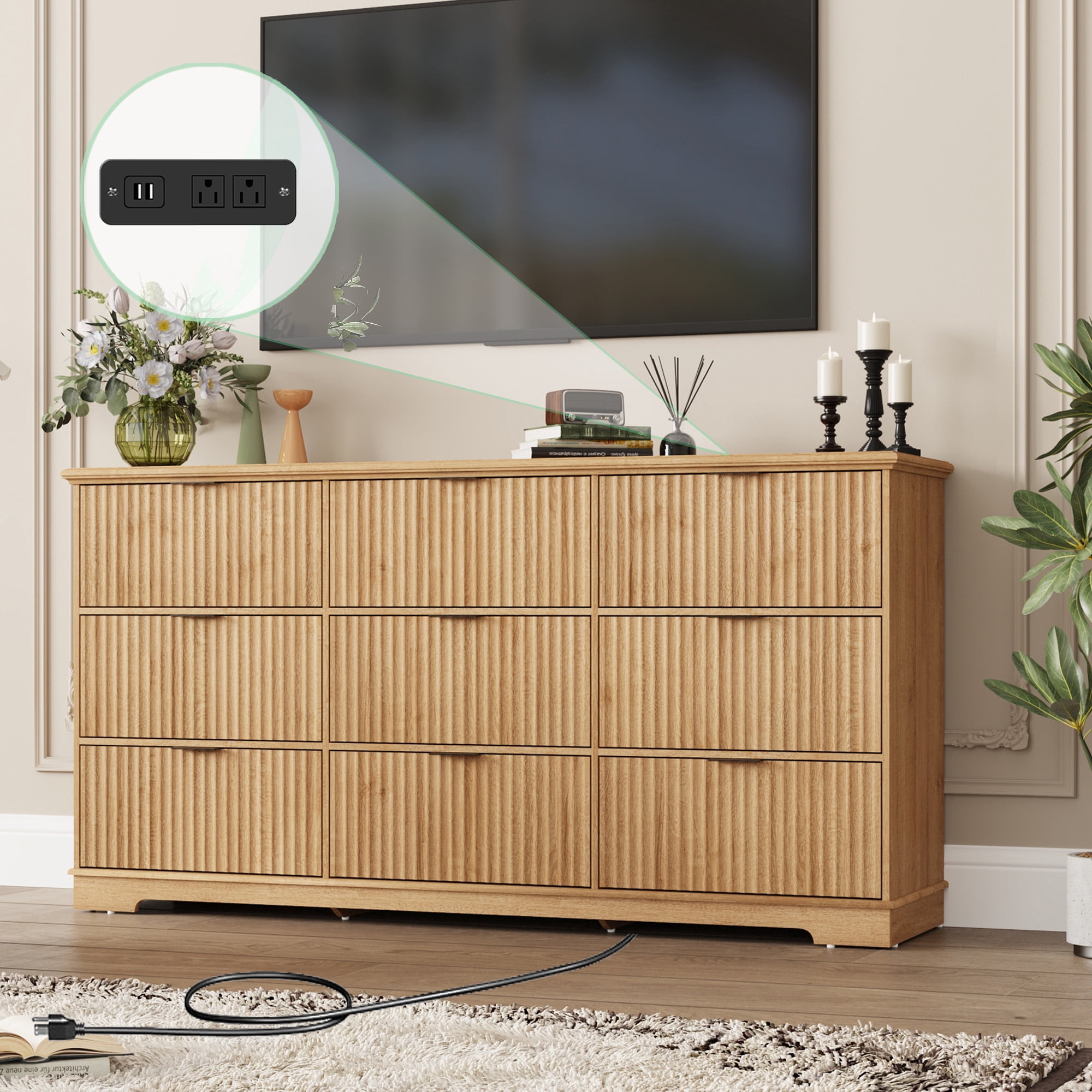 ChVans Fluted 9 Drawer Dressers with Power Outlet for Bedroom, 63" Wide Farmhouse Chest of Drawer with 9 Big Drawers, Oak Closet Dressers for Bedroom, Living Room