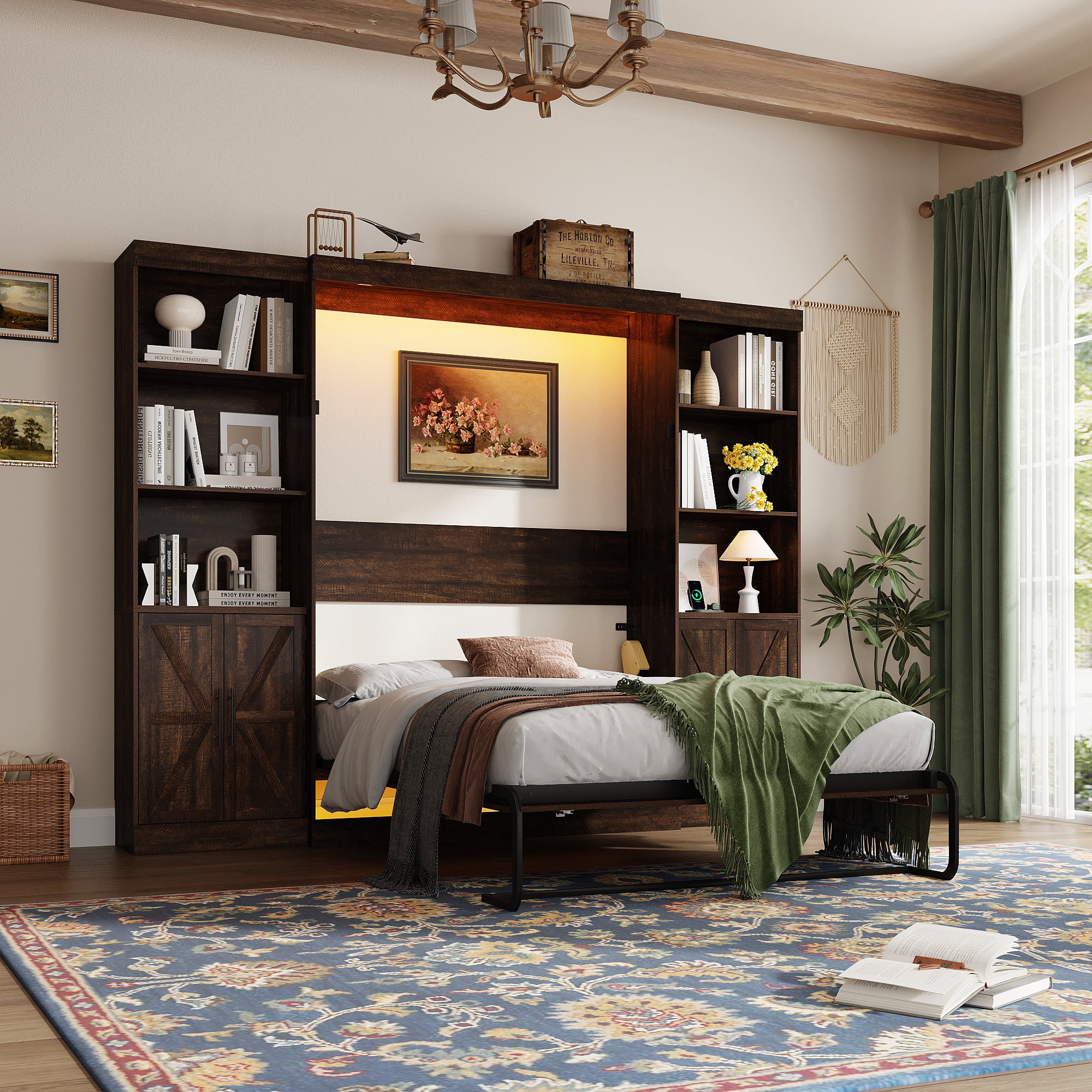 ChVans Full Murphy Wall Bed with 2 LED Lights, Power Outlet, 2 Storage Units, Farmhouse Wood Space-Saving Hidden Folding Bed Chest, Multifunctional Storage Cabinet Bed with Gas Struts for Bedroom
