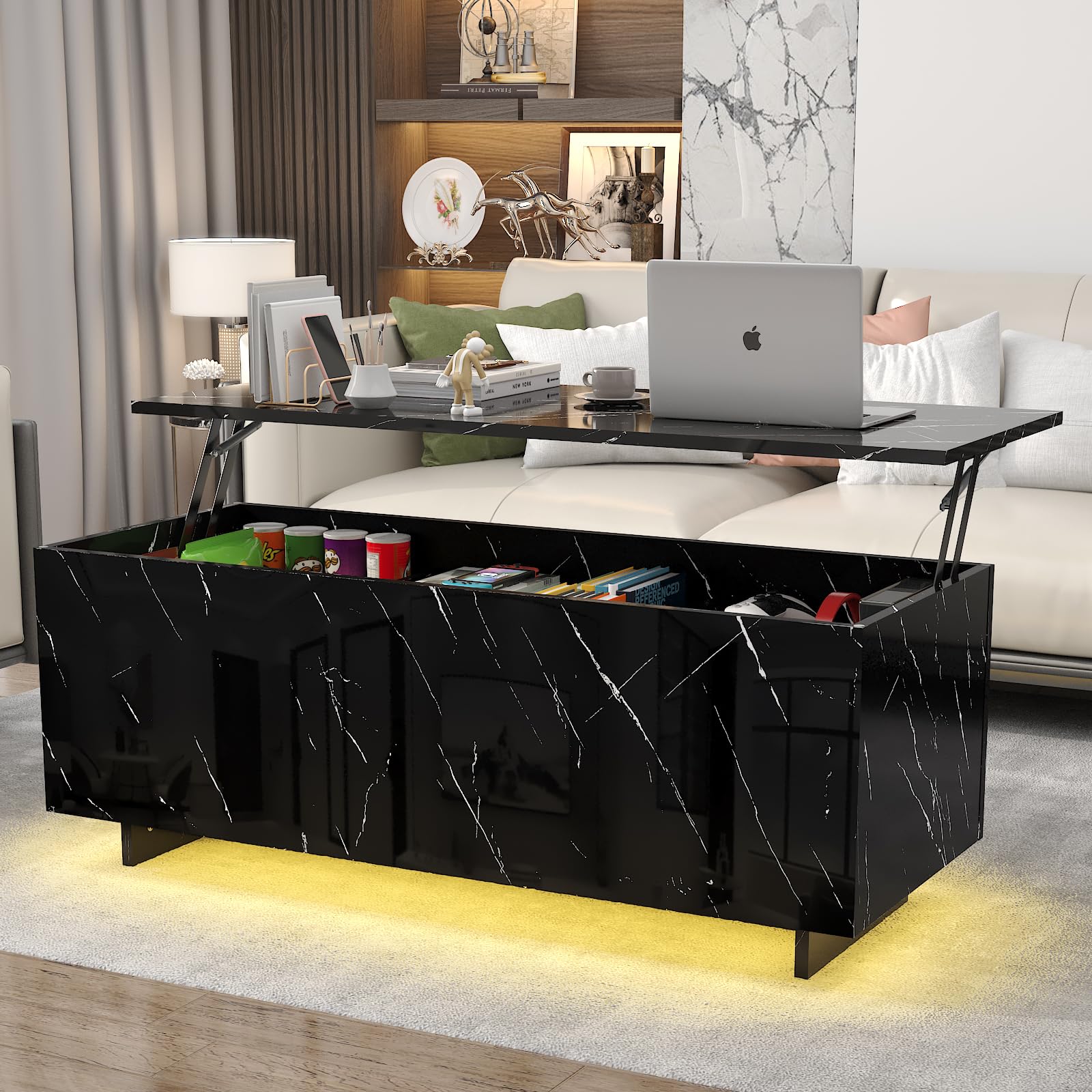 ChVans High Gloss Lift Top Table with Led Lights, Led Coffee Table with Storage Shelf and Hidden