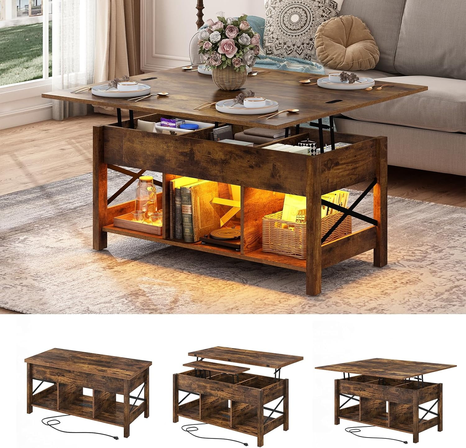 "ChVans LED 41.7"" Lift Top Storage Coffee Table with Charging Station ...