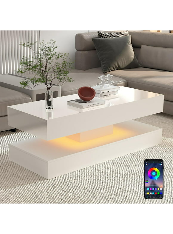 ChVans LED Coffee Table with 2 Storage Drawers, 47.3" Modern High Gloss White Coffee Table w/20 Colors LED Lights & Remote, Large Living Room Furniture