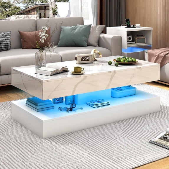 ChVans LED Coffee Table with 2 Storage Drawers, Modern High Gloss Black Coffee Table w/20 Colors LED Lights & APP Control, Rectangle Large Living Room Furniture with Marbling Print(47.3"White)