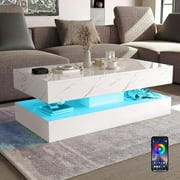 ChVans LED Coffee Table with 2 Storage Drawers, Modern High Gloss Black Coffee Table w/20 Colors LED Lights & APP Control, Rectangle Large Living Room Furniture with Marbling Print(47.3"White)
