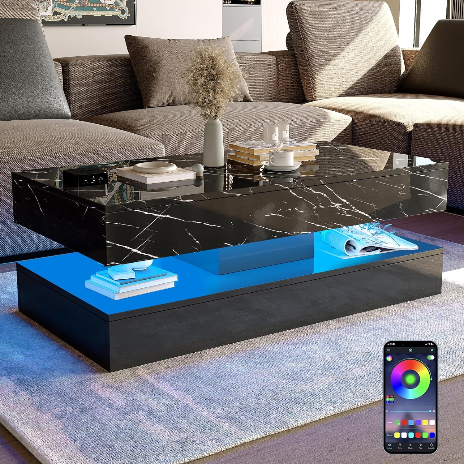 ChVans LED Coffee Table with 2 Storage Drawers, Modern High Gloss Black ...