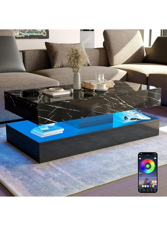 ChVans LED Coffee Table with 2 Storage Drawers, Modern High Gloss Black Coffee Table w/20 Colors LED Lights & Remote, Large Living Room Furniture with Black Marbling Print