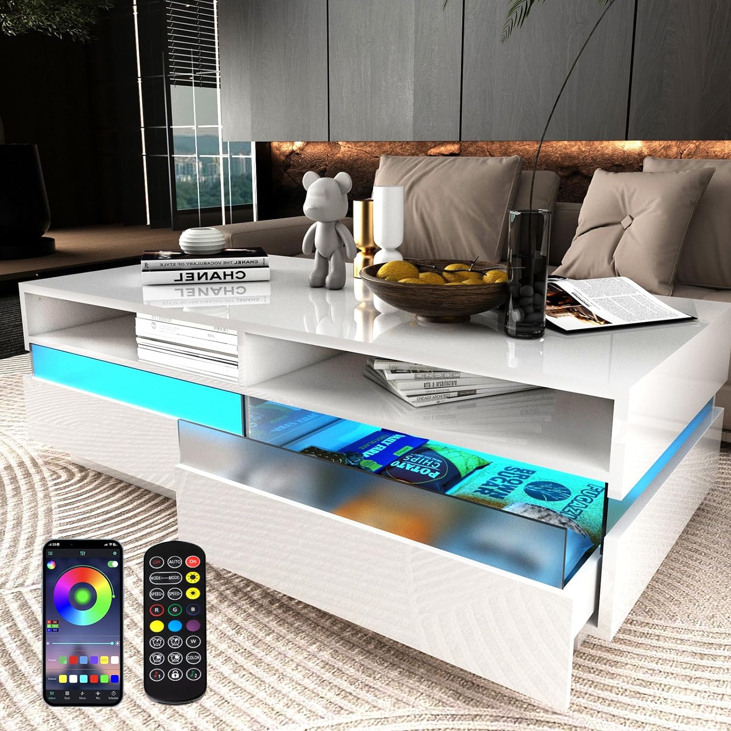 ChVans LED Coffee Table, High Glossy White Coffee Table with Display