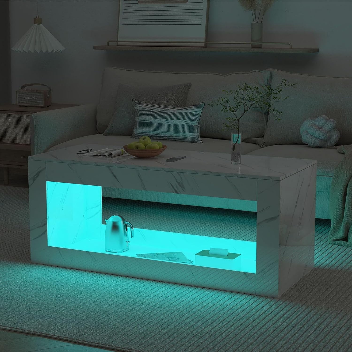 ChVans LED Coffee Table with Open Storage, Modern White Coffee Table ...