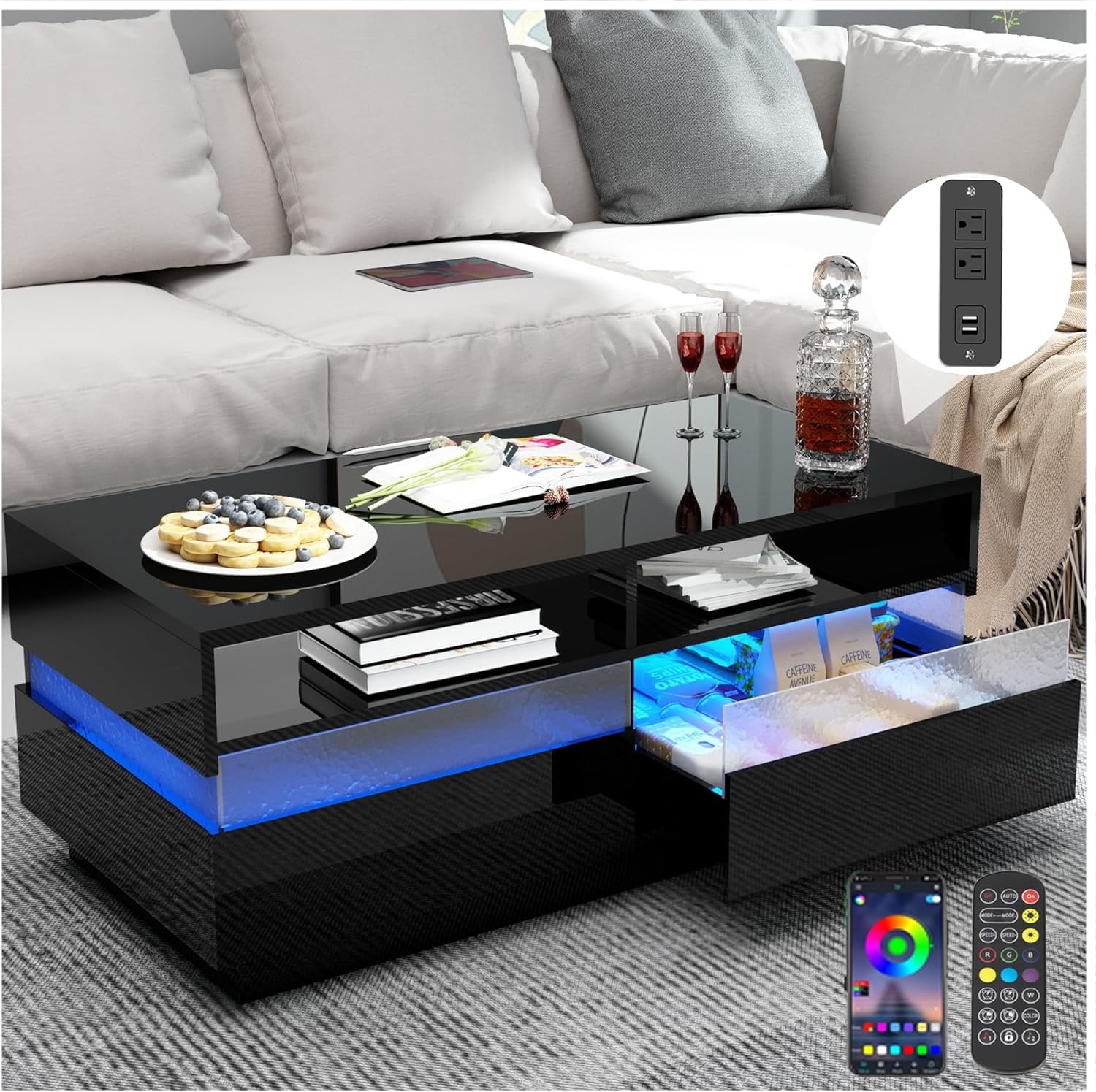 Chvans Modern LED Coffee Table, 43" Black, Storage Drawer, Charging ...
