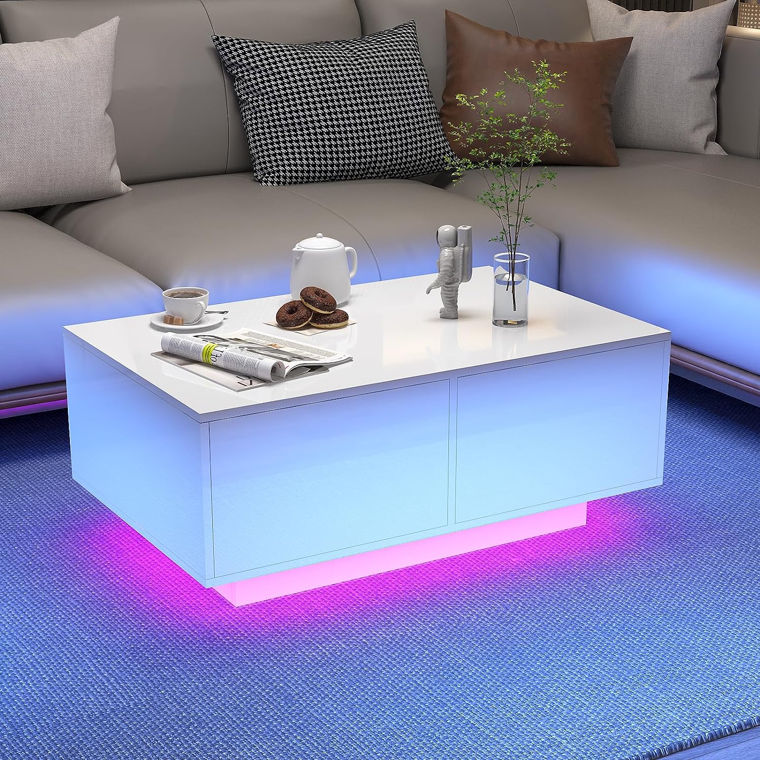 Cozy Castle White Modern Coffee Table with LED Lights, High Glossy