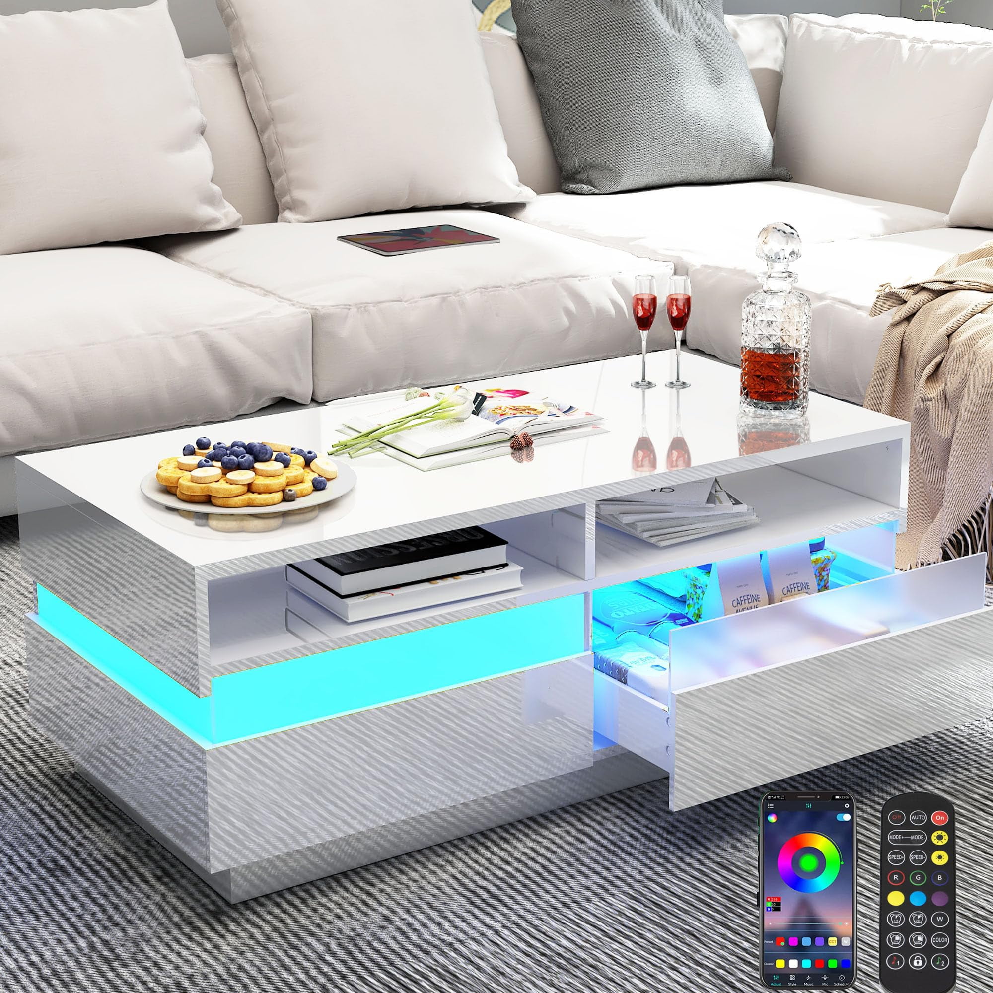 ChVans LED Coffee Table with Storage, Modern High Glossy White Coffee