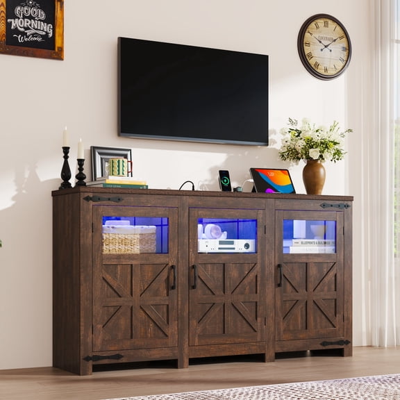 ChVans LED Farmhouse TV stand for up to 75" TVs with Power Outlet, 65" Large Entertainment Center Console Table, 33.5" Tall Rustic Media Console w/Storage Shelves for Living Room