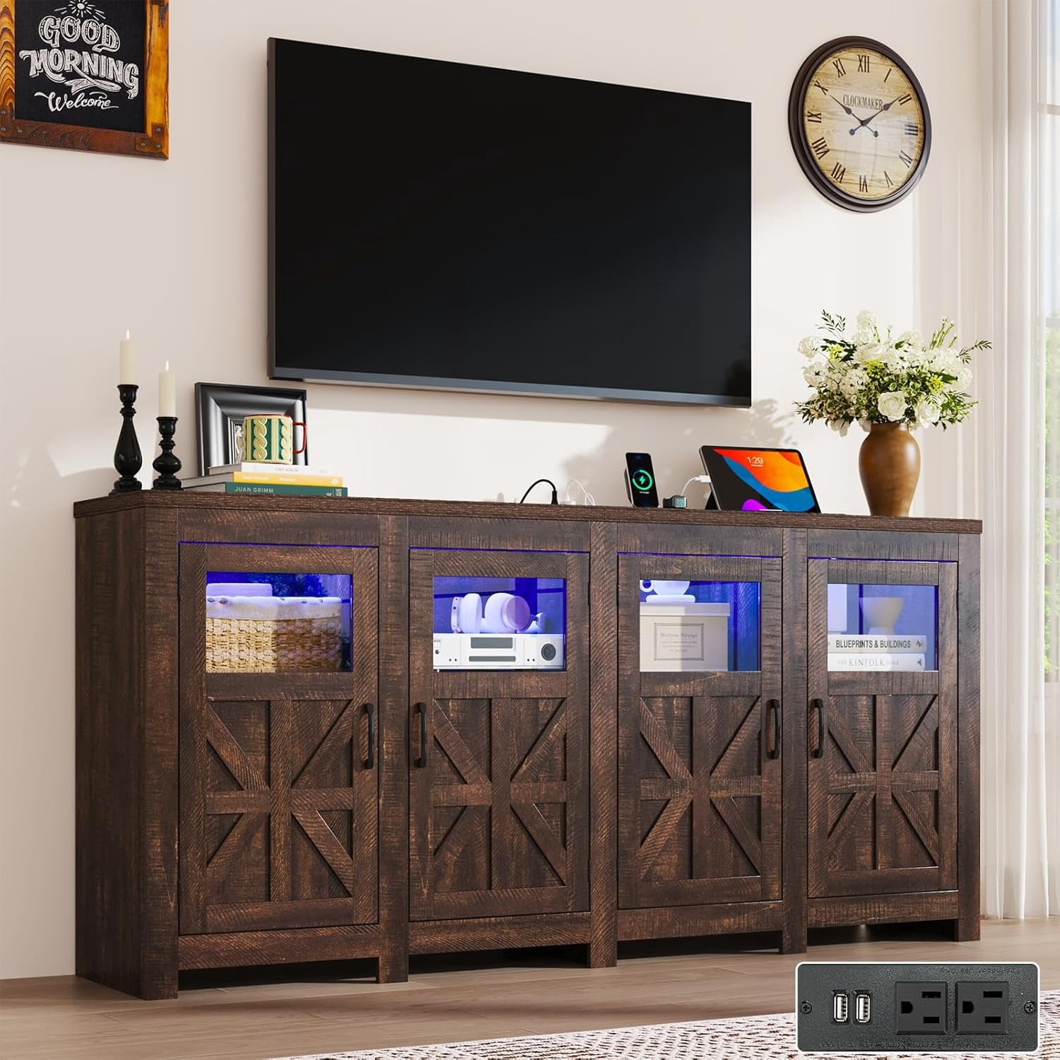 ChVans LED Farmhouse TV stand for up to 85" TVs with Power Outlet, 74" Large Entertainment Center Console Table, 33.5" Tall Rustic Media Console w/Storage Shelves for Living Room