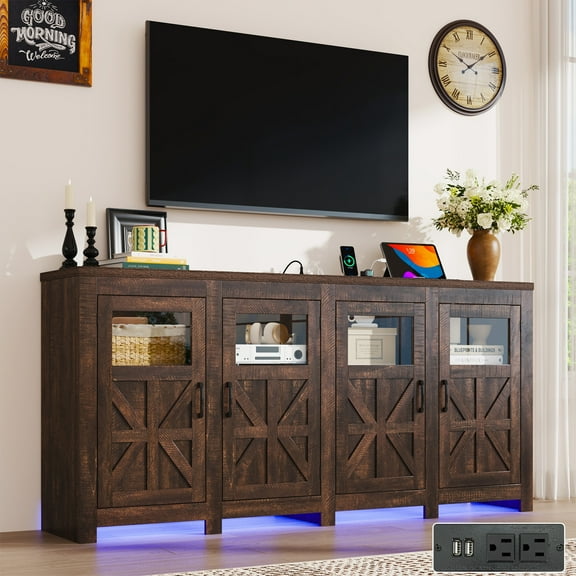 ChVans LED Farmhouse TV stand for up to 85" TVs with Power Outlet, 74" Large Entertainment Center Console Table, 33.5" Tall Rustic Media Console w/Storage Shelves for Living Room