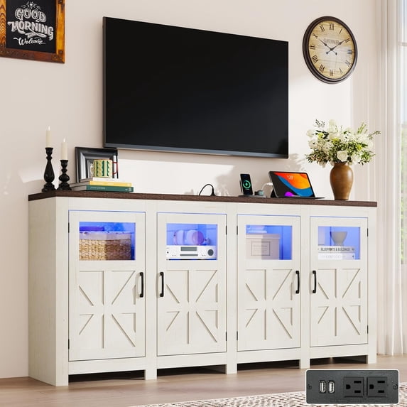 ChVans LED Farmhouse TV stand for up to 85" TVs with Power Outlet, 74" Large Entertainment Center Console Table, 33.5" Tall Rustic Media Console w/Storage Shelves for Living Room