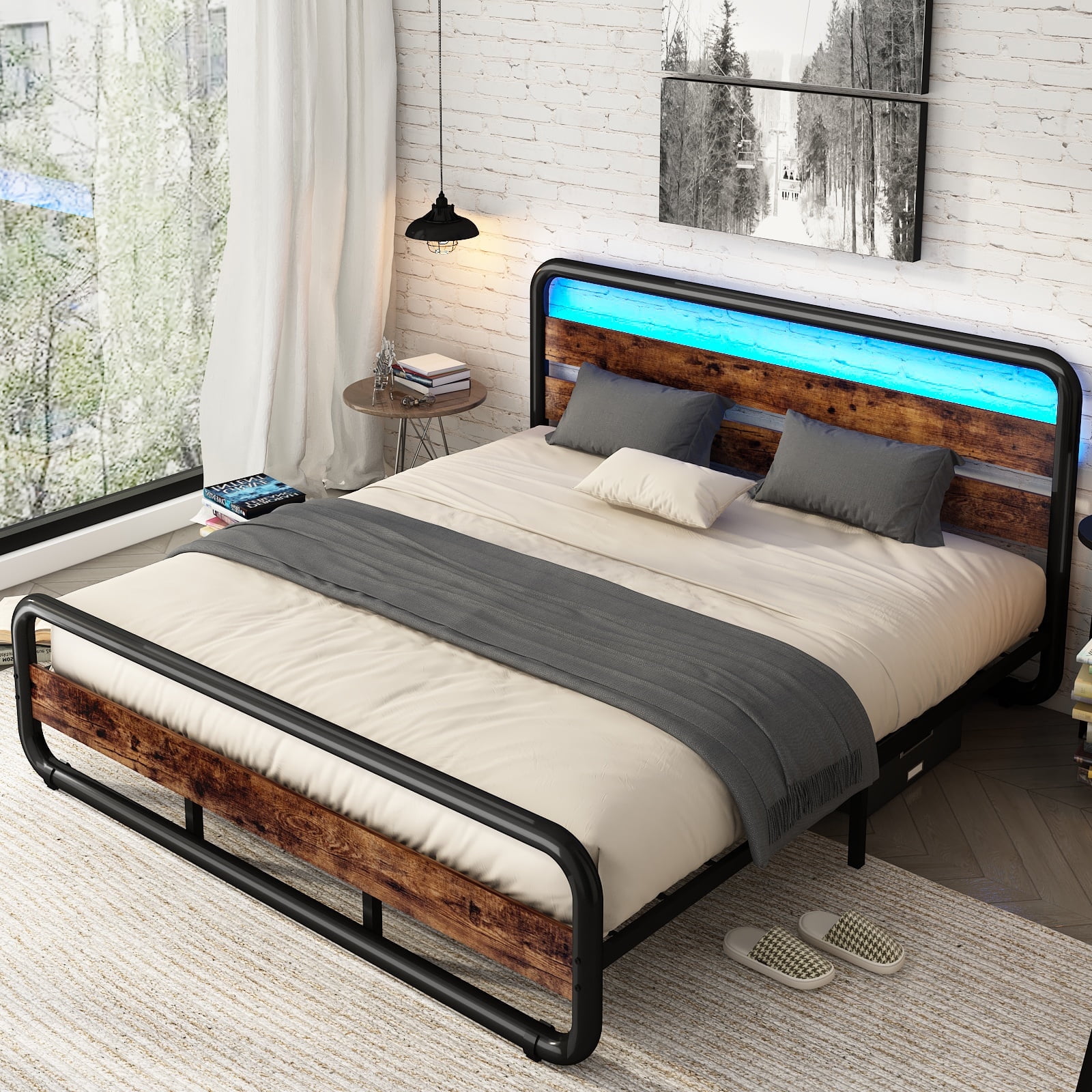 ChVans LED King Size Bed Frame with Wood Headboard & Footboard, Heavy