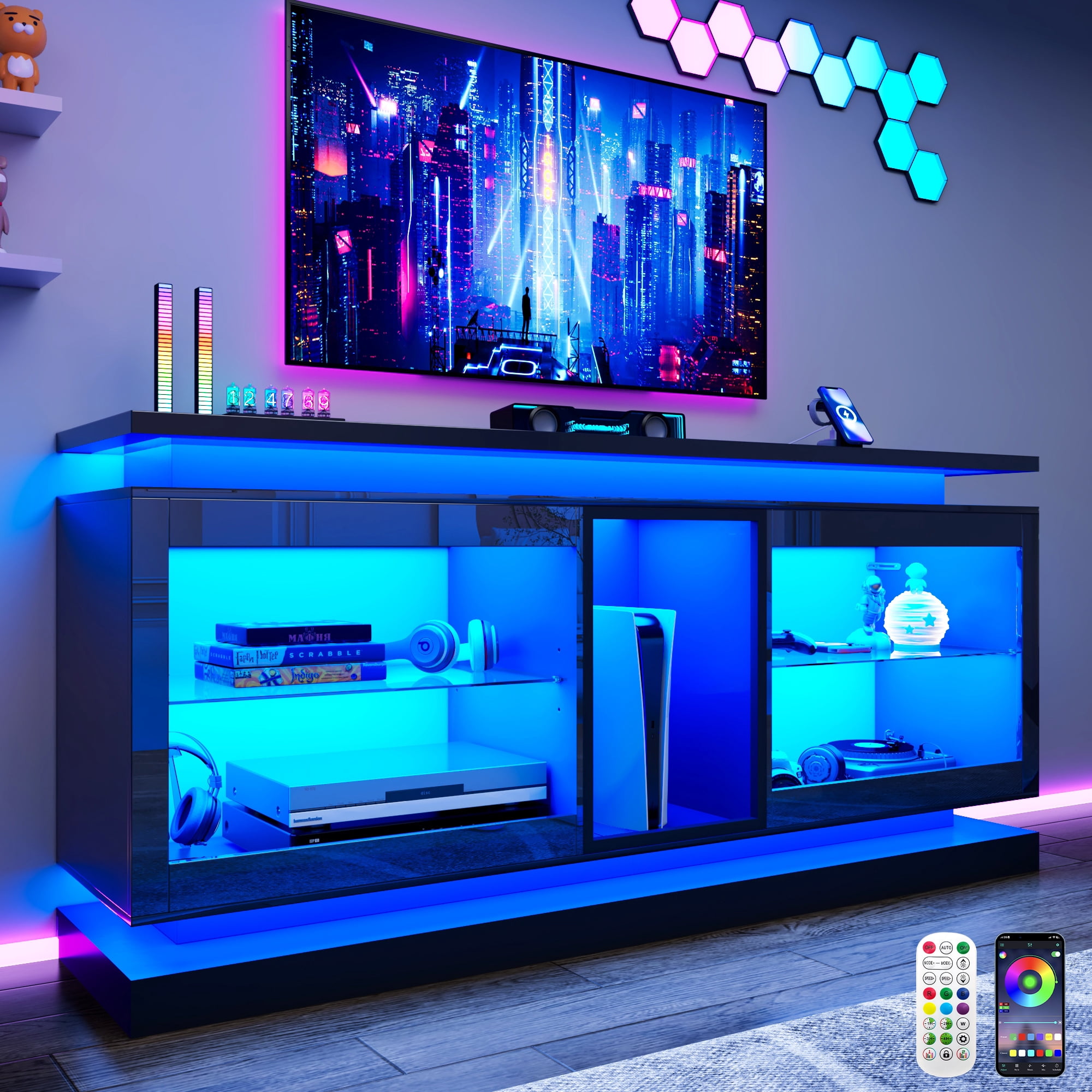 ChVans LED TV Stand for 70/75/80 Inch TVs, Modern Entertainment Center High Gloss Large TV Stand with Adjustable Shelves, Gaming TV Console with Power Outlets, Black