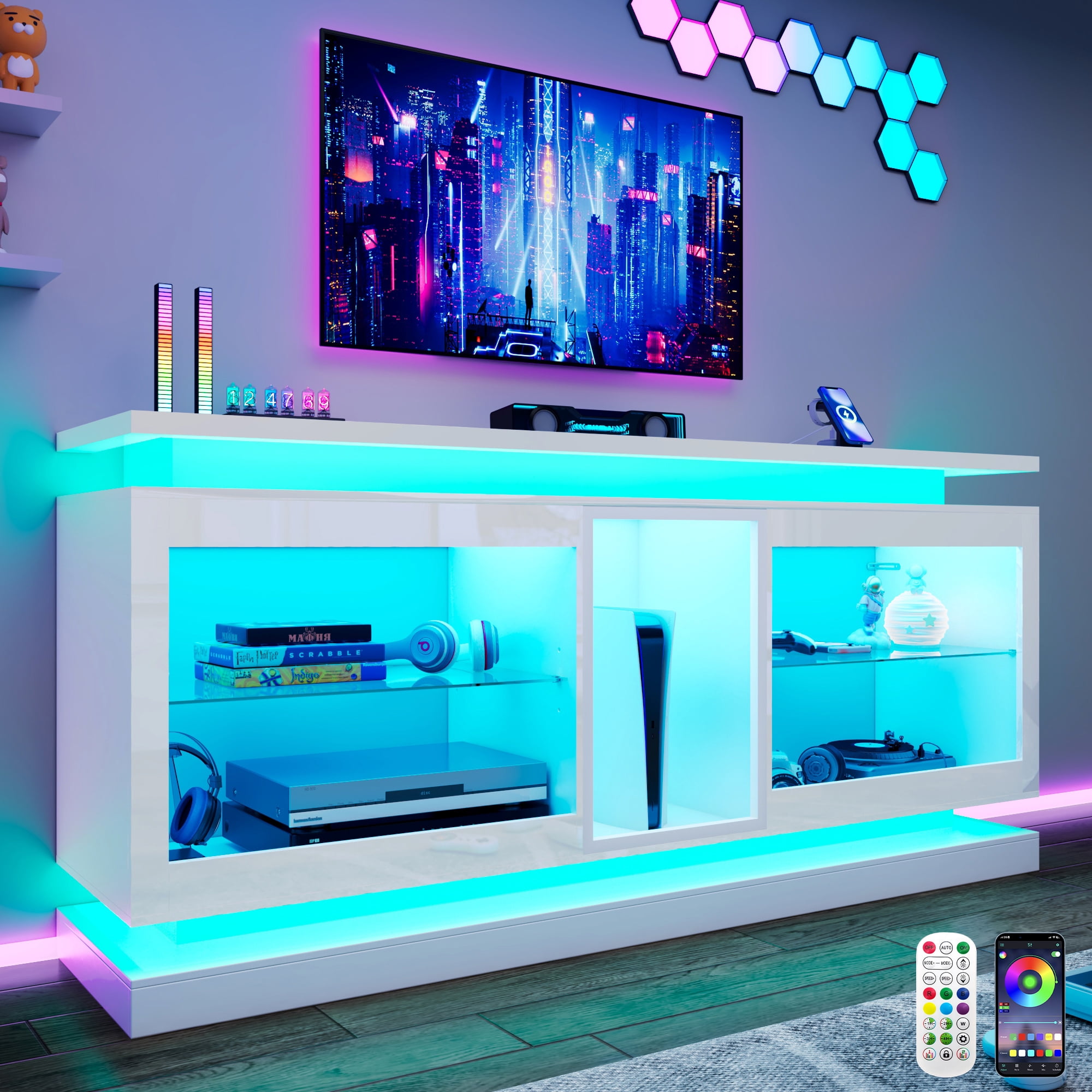 ChVans LED TV Stand for 70/75/80 Inch TVs, Modern Entertainment Center High Gloss Large TV Stand with Adjustable Shelves, Gaming TV Console with Power Outlets,White
