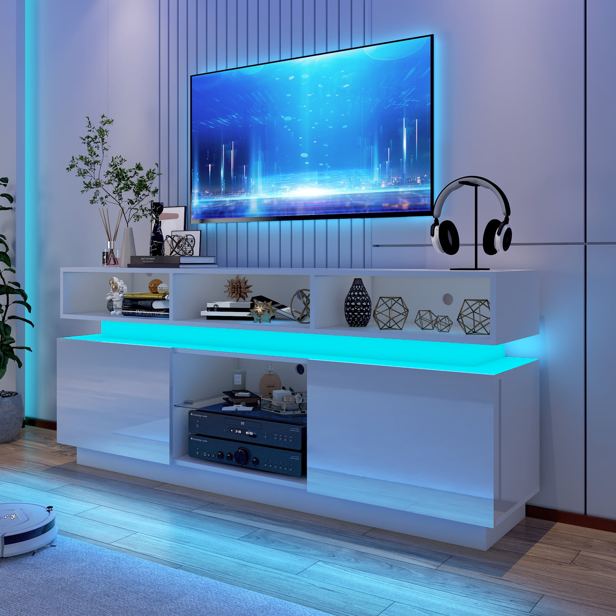 ChVans LED TV Stand for up to 70" TVs with Power Outlet, Modern Tall Entertainment Center with Storage, High Gloss Gaming TV Media Console with 2 Storage Cabinets for Living Room, Bed Room