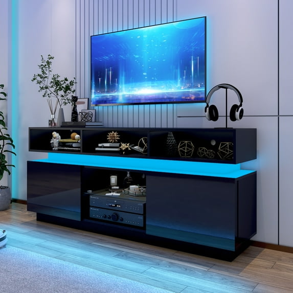 ChVans LED TV Stand for up to 70" TVs with Power Outlet, Modern Tall Entertainment Center with Storage, High Gloss Gaming TV Media Console with 2 Storage Cabinets for Living Room, Bed Room