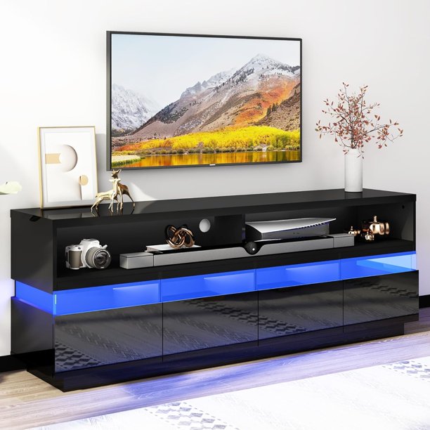 ChVans LED TV Stand for 75 Inch TV, High Gloss Modern Black TV Stand