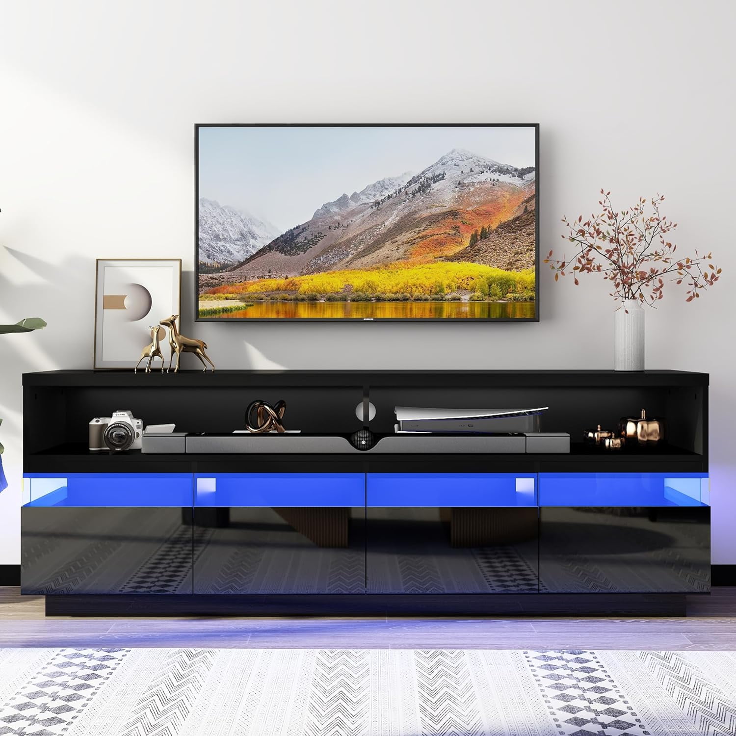 ChVans LED TV Stand for 80/75/70 Inch TV, High Gloss Modern Black TV ...