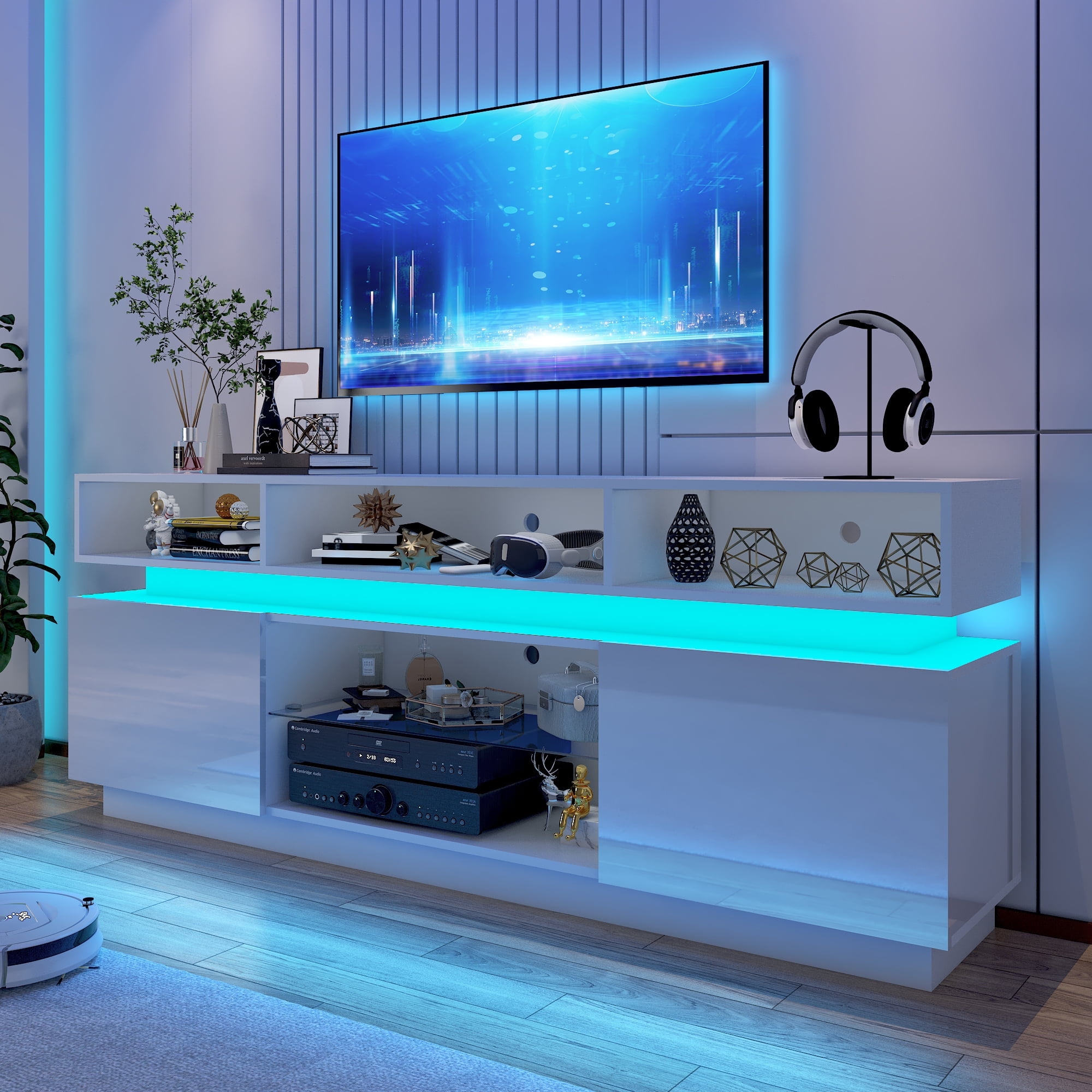 ChVans LED TV Stand for up to 80" TVs with Power Outlet, Modern Tall Entertainment Center with Storage, High Gloss Gaming TV Media Console with 2 Storage Cabinets for Living Room, Bed Room