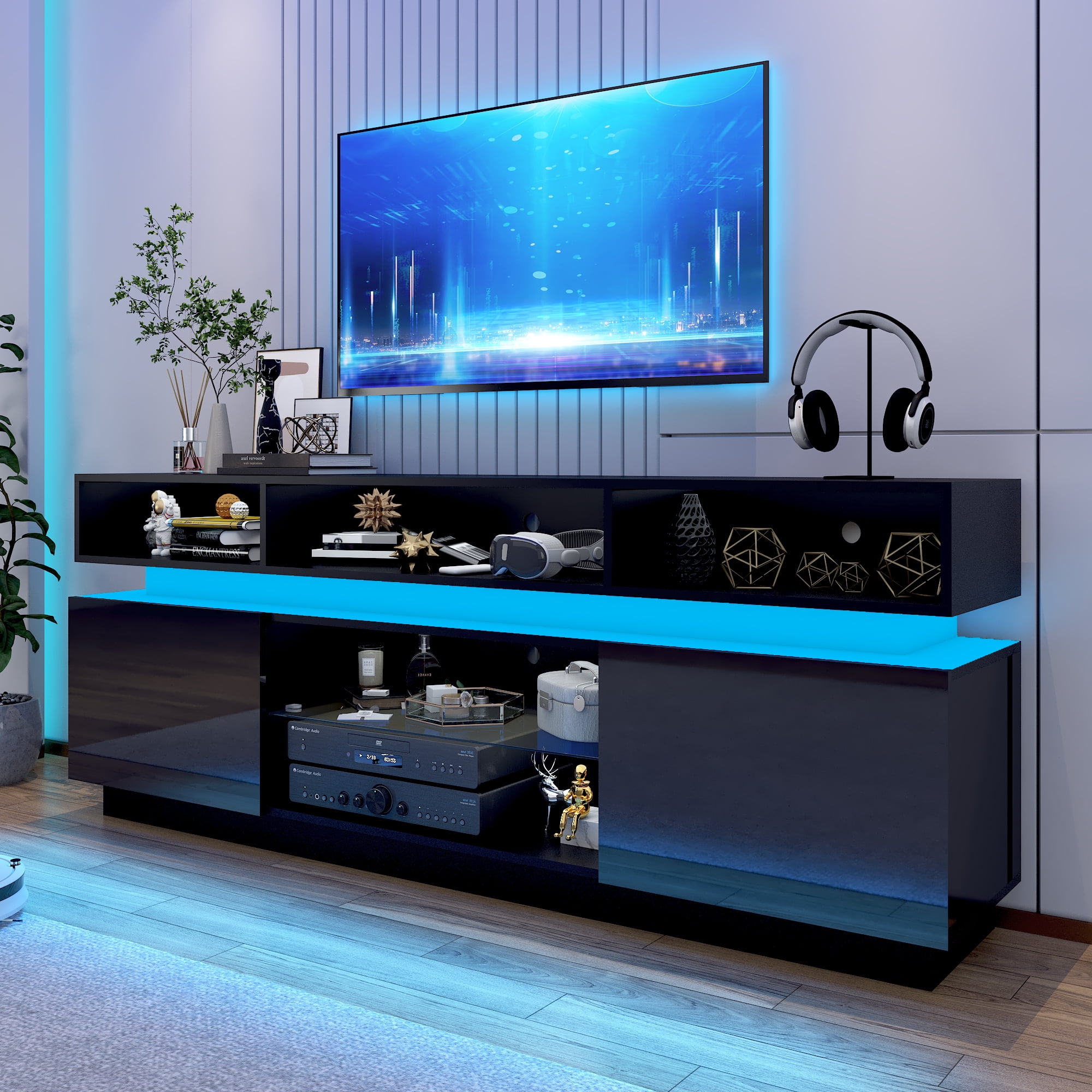 ChVans LED TV Stand for up to 80" TVs with Power Outlet, Modern Tall Entertainment Center with Storage, High Gloss Gaming TV Media Console with 2 Storage Cabinets for Living Room, Bed Room