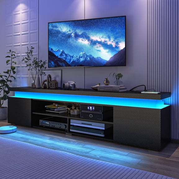 LED TV Stand for up to 95" TVs with Power Outlet, 83" Large Entertainment Center Gaming Media Console with Soundbar Shelf for Living Room, Carbon Fiber Black