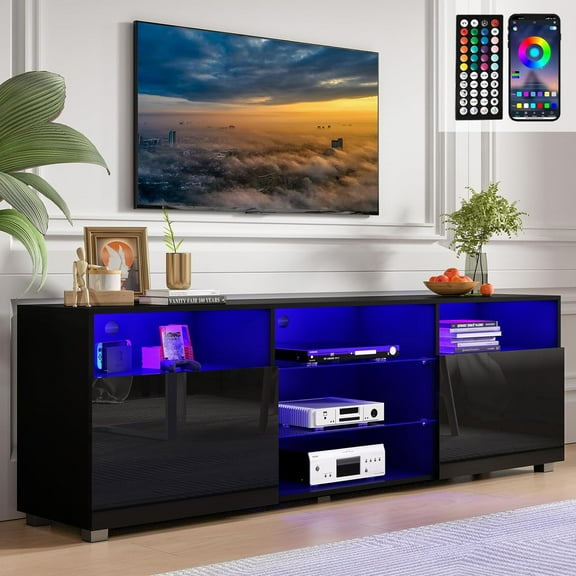 ChVans LED TV Stand for 65/70inch, High Glass Modern Entertainment Center with LED Lights and Glossy Cabinets