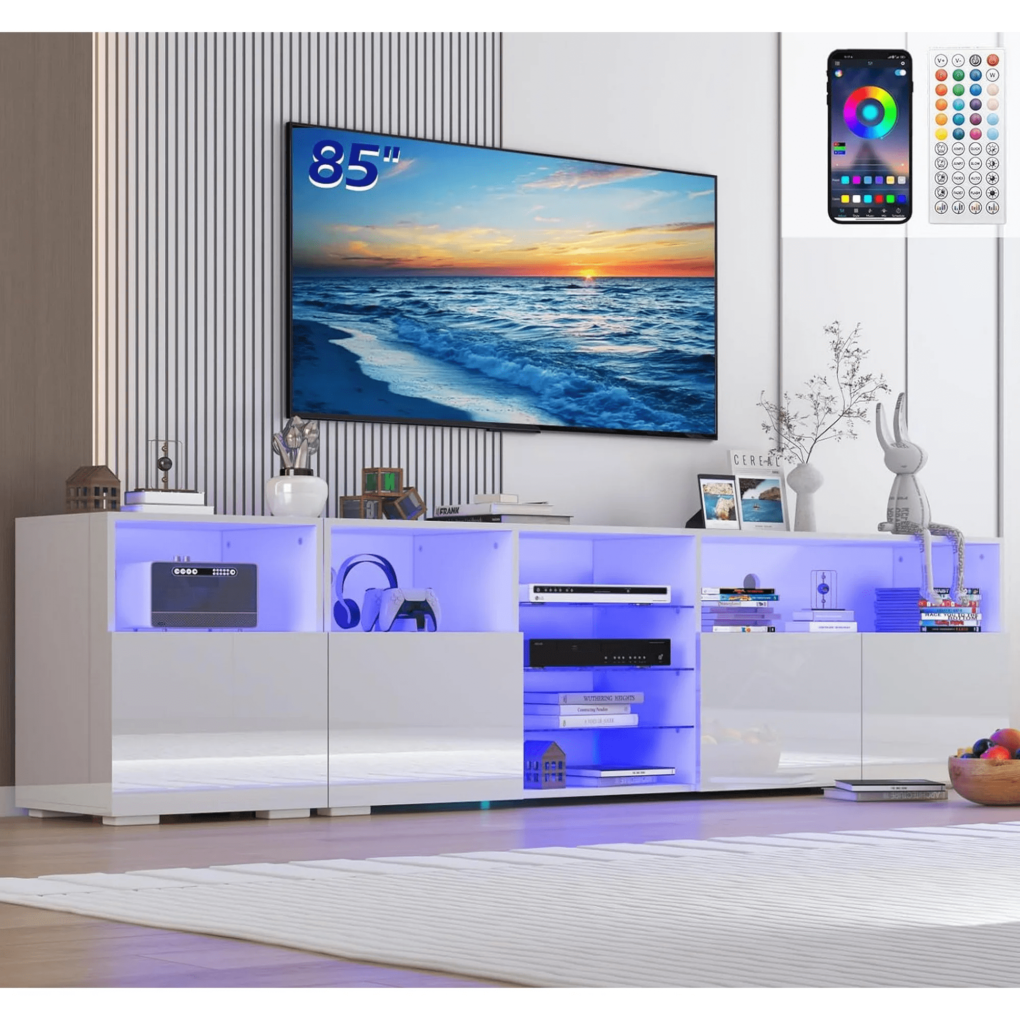 ChVans Modern LED TV Stand for 80/85 Inch Entertainment Center with LED  Lights and Glossy Cabinets (White-79\, image size:2000x2000