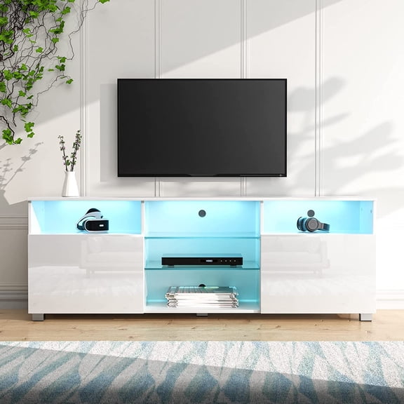 ChVans LED TV Stand for 65 inch TV, High Glass Modern Entertainment Center with LED Lights and Glossy Cabinets