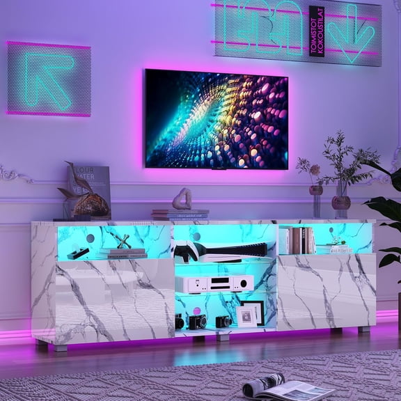 ChVans LED TV Stand for up to 80" TVs, 70" Large Entertainment Center Console Table Gaming Soundbar Shelf with 2 Storage Cabinet