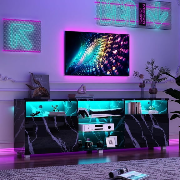 ChVans LED TV Stand for up to 80" TVs, 70" Large Entertainment Center Console Table Gaming Soundbar Shelf with 2 Storage Cabinets