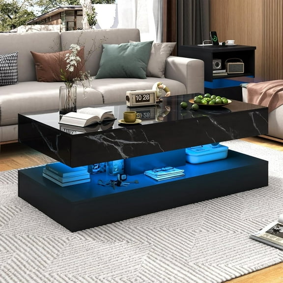 ChVans Large Black LED Coffee Table with 2 Storage Drawers, Modern High Gloss Coffee Table w/20 Colors LED Lights/APP Control, 2 Tiers Rectangle Large Living Room Furniture w/Marbling Print(47.3")