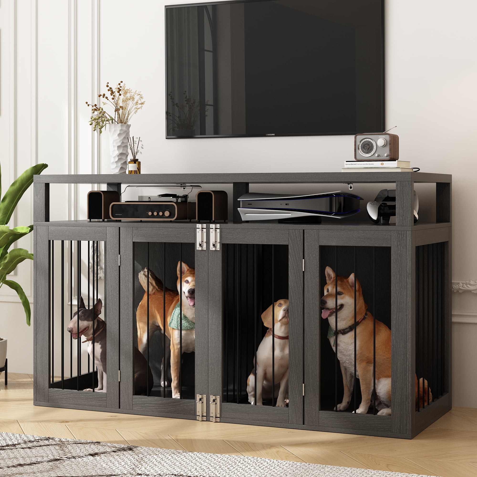ChVans Large Double Dog Crate Furniture, 53" Wooden Dog Crate Furniture