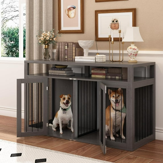 ChVans Large Double Dog Crate Furniture, 53" Wooden Dog Crate Furniture with Divider Panel/Open Storage Drawers, XL-XXL Heavty Duty Dog Crates Furniture for 2 Medium or Large Dogs, Dog Cage TV Stand
