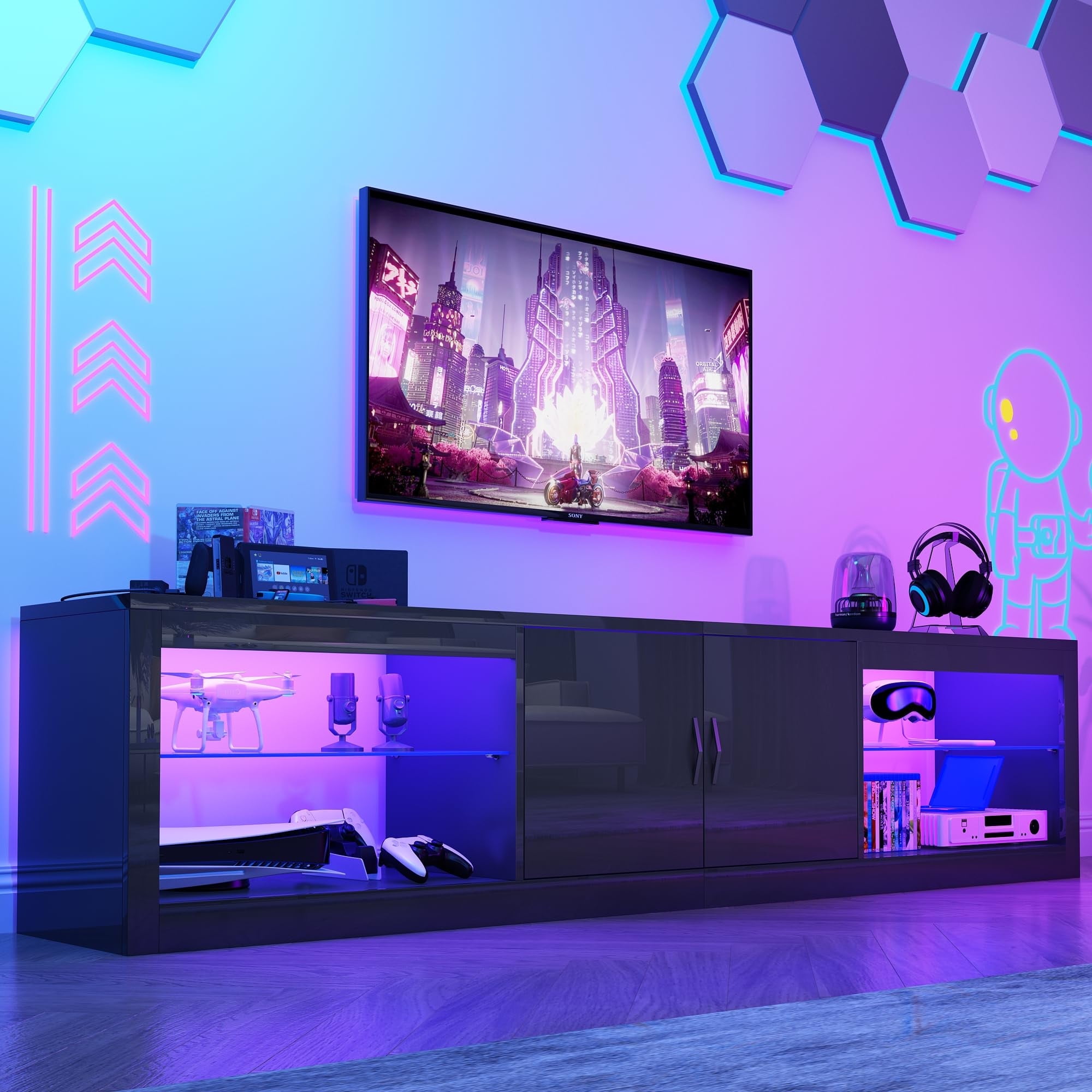 ChVans Large LED TV Stand for 85/90/100" TV with Power Outlets, Living Room Entertainment Center with Storage Drawers&Cabinets Furniture, Black High Gloss TV Cabinet Console Table-86.6"