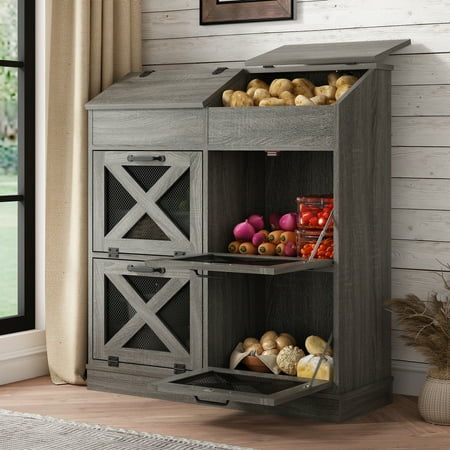 ChVans Large Potato Storage Wood Bin, Wooden Bread Storage Bins, Decorative Potato and Onion Storage Bin with 4 Doors, Potato Bin with Grocery Section, Wooden Vegetable Storage Box with Lid
