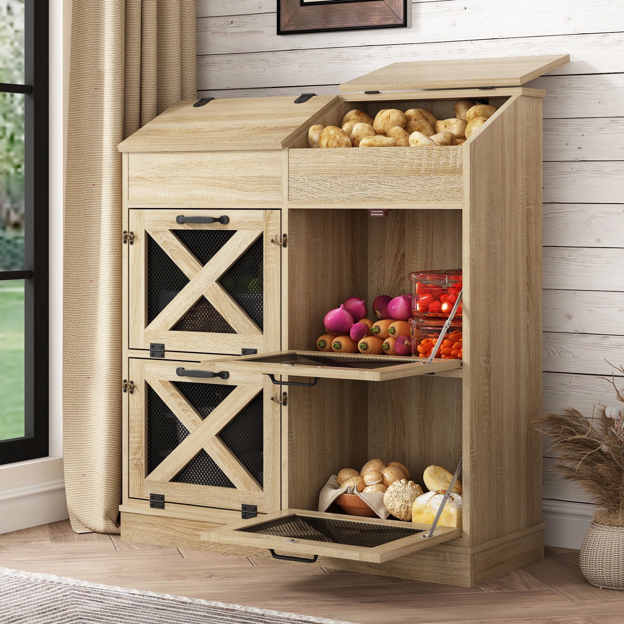 ChVans Large Potato Storage Wood Bin, Wooden Bread Storage Bins, Decorative Potato and Onion Storage Bin with 4 Doors, Potato Bin with Grocery Section, Wooden Vegetable Storage Box with Lid