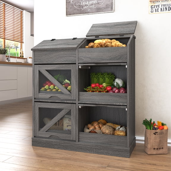 ChVans Large Wood Bread Box for Potato, Onion, Veggie Bin W/6 Compartment Storage, Farmhouse Potato Storage Bin W/Breathable Mesh Doors, Root Vegetable & Bread Keeper