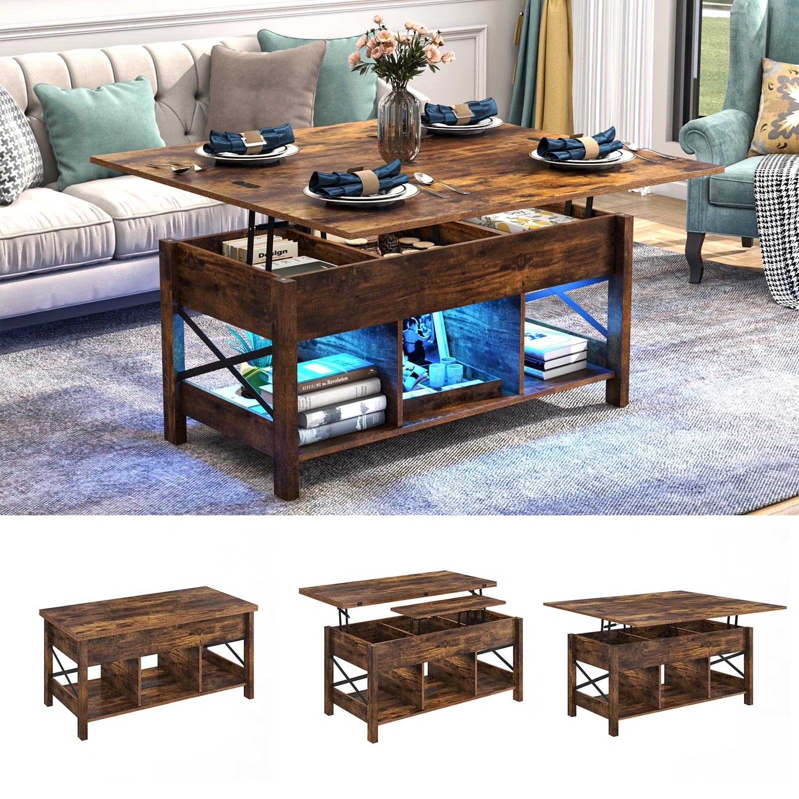 ChVans Lift Top Coffee Table with LED Lights & Charging Station, 4 in 1 ...