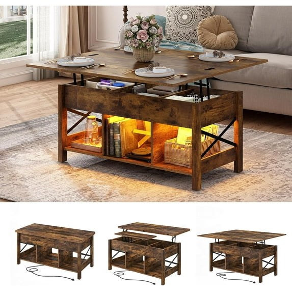 ChVans Lift Top Coffee Table with LED Lights/Charging Station, 42" Multi-Function Living Room Tables with Storage, Farmhouse Dining Table with Hidden Compartment